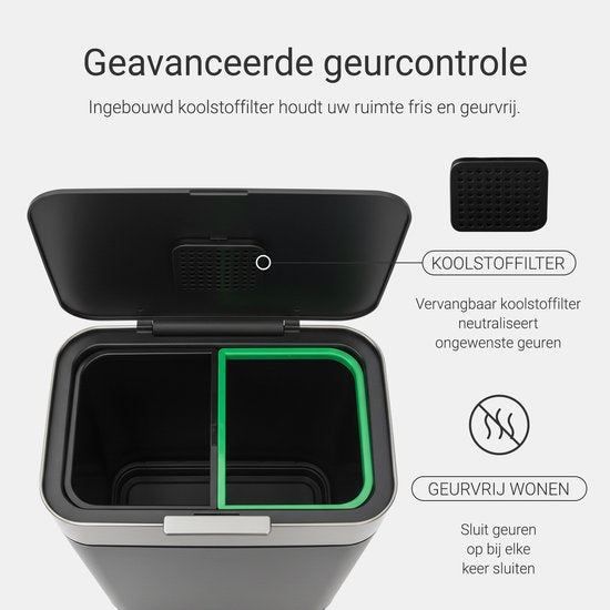 Prullenbak 60 liter - Inclusief afvalscheiderringen 2x 30 liter - 2 vakken - RVS - Graphite grijs - 42x33x76cm - STAUS&BACH Nuvio
