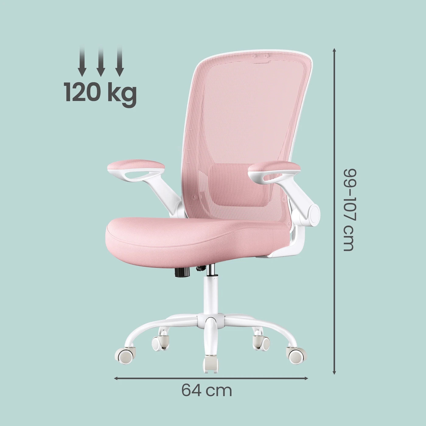 Joyfurnos Ergonomische Bureaustoel Roze - Verstelbare Lendensteun en Opklapbare Armleuningen - 60 x 64 x 103-110 cm
