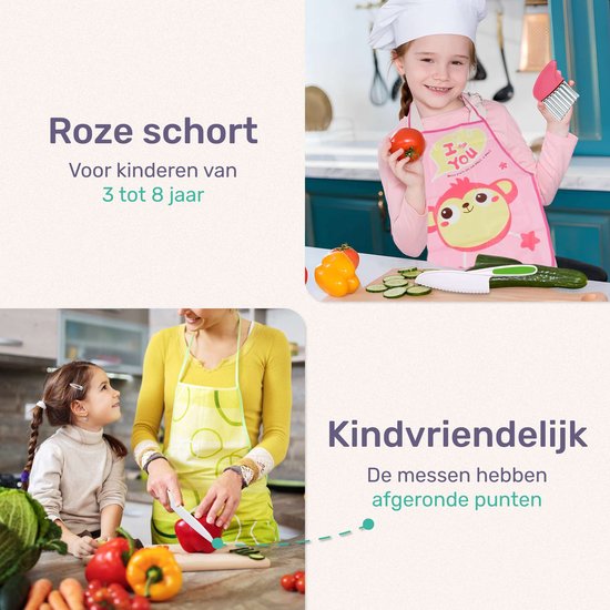 Qwali XL Montessori Kinder messen Set - 9 Delig - incl. snijplank en schort - Veilig - Koken - Bestek Mes - Mesjes voor kinderen - Keuken mes