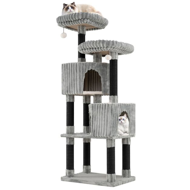 Costway krabpaal - 2 kattenhuisjes en 2 ligbedden - 59 x 40 x 156 cm - Lichtgrijs