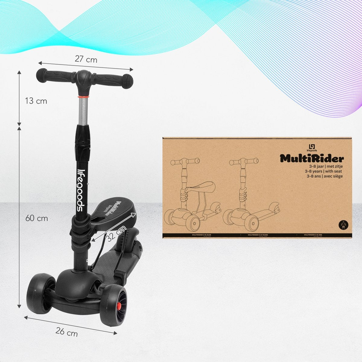 LifeGoods MultiRider Kinderstep - Step 3-8 Jaar - Verstelbaar Zitje - Lichtgevende Wielen - Jongens/Meisjes - Zwart