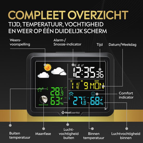 MostEssential Classic Edition Weerstation - Plug & Play Installatie - Draadloos - Weerstation met Buitensensor - Hygrometer - Binnen en Buiten - 100 Meter Bereik - 1 sensor