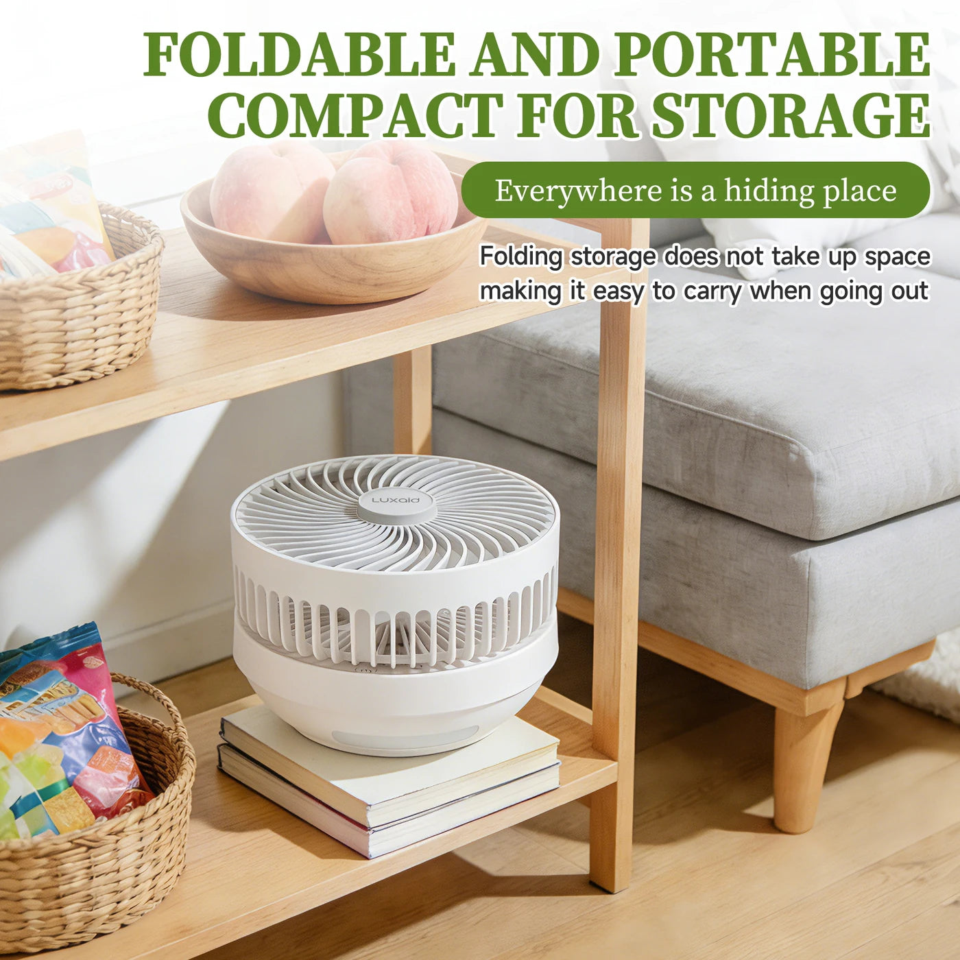 Luxaid Foldable Desk Fan with Remote, 4000 mAh Battery, Type-C Charging, 3 Speeds, 4 H Timer, Night Light, Wall-Mounted, Portable & Compact