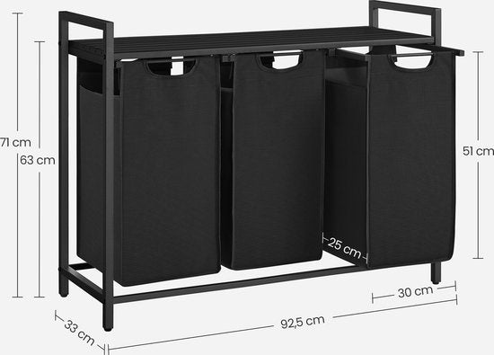 O'DADDY Wasmand – Met Plank & 3 Vakken – 114 liter – 92,5 x 33 x 71 cm – Dark Grey