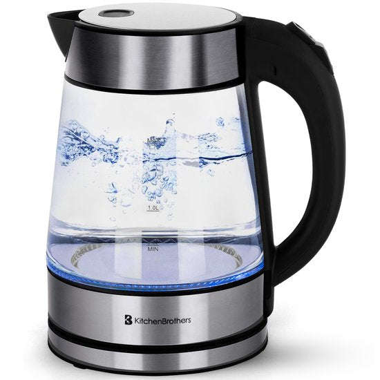 KitchenBrothers Waterkoker - Glas - Elektrisch - PFAS- & BPA-vrij - 1,7L - Retro - met LED - 2200W - Glazen Waterkoker - RVS