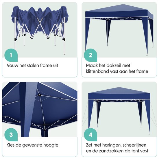 LifeGoods Partytent - Paviljoen - Easy Up - Opvouwbaar - Waterdicht - Met Draagtas - 300 x 300 cm – Blauw