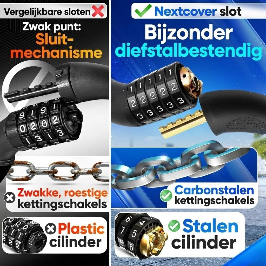 NEXTCOVER® Fietsslot LockOne met combinatiecode I - [SAFESECURE] cijferslot zeer veilig fietsslot cijferslot I robuust & duurzaam kettingslot fiets I Fietsslot