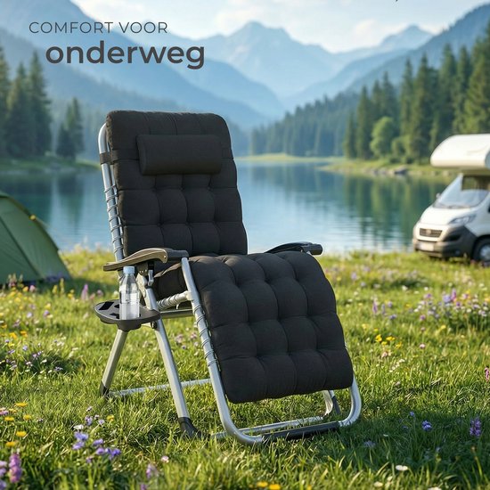 tectake® Opvouwbare Ligstoel Cloud - Tuinstoel met Tafeltje - Bekerhouder - Traploos Verstelbaar - Voor Balkon, Camping of Tuin - Relaxstoel met extra dik Kussen - Strandstoel - Ligbed - Div. kleuren - Zwart