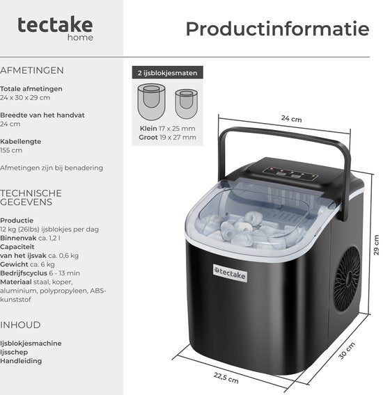 tectake® IJsblokjesmachine Arctic - 1,2L - 2 IJsblokjes Formaten - IJsmachine - Ice cube maker - IJsblokjesmaker met IJsschep - Zwart