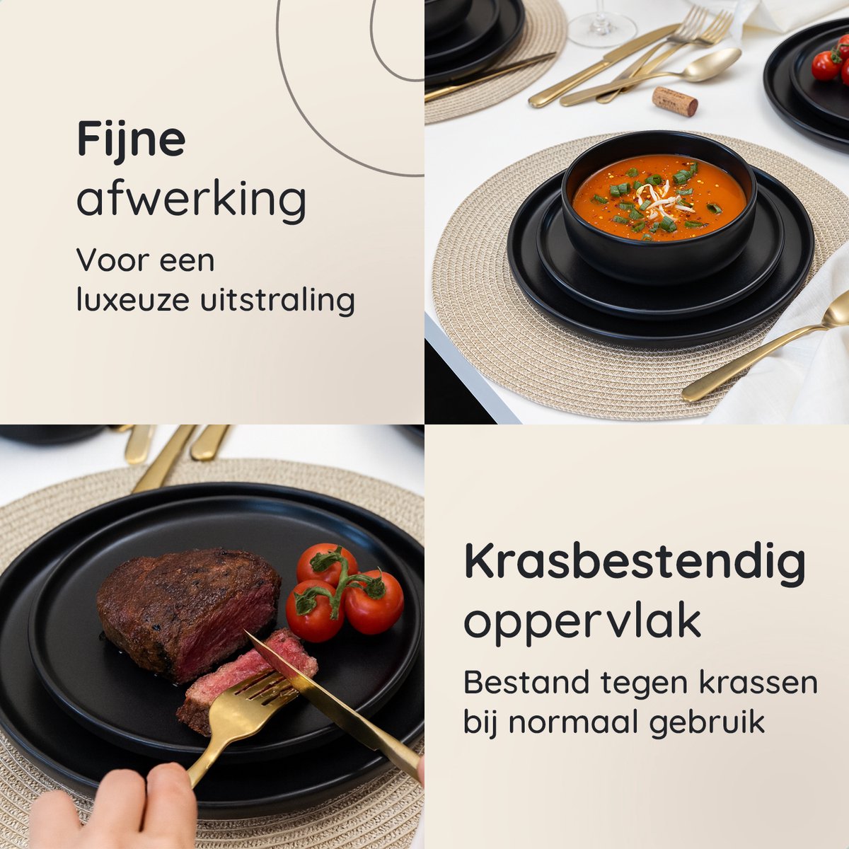 Deleca Serviesset 6 Persoons Kyoto - Koffiekopjes met oor / Schaaltjes / Grote Borden en Kleine Bordenset - Japandi stijl - Massief Aardewerk - Mat Zwart / 24-delig