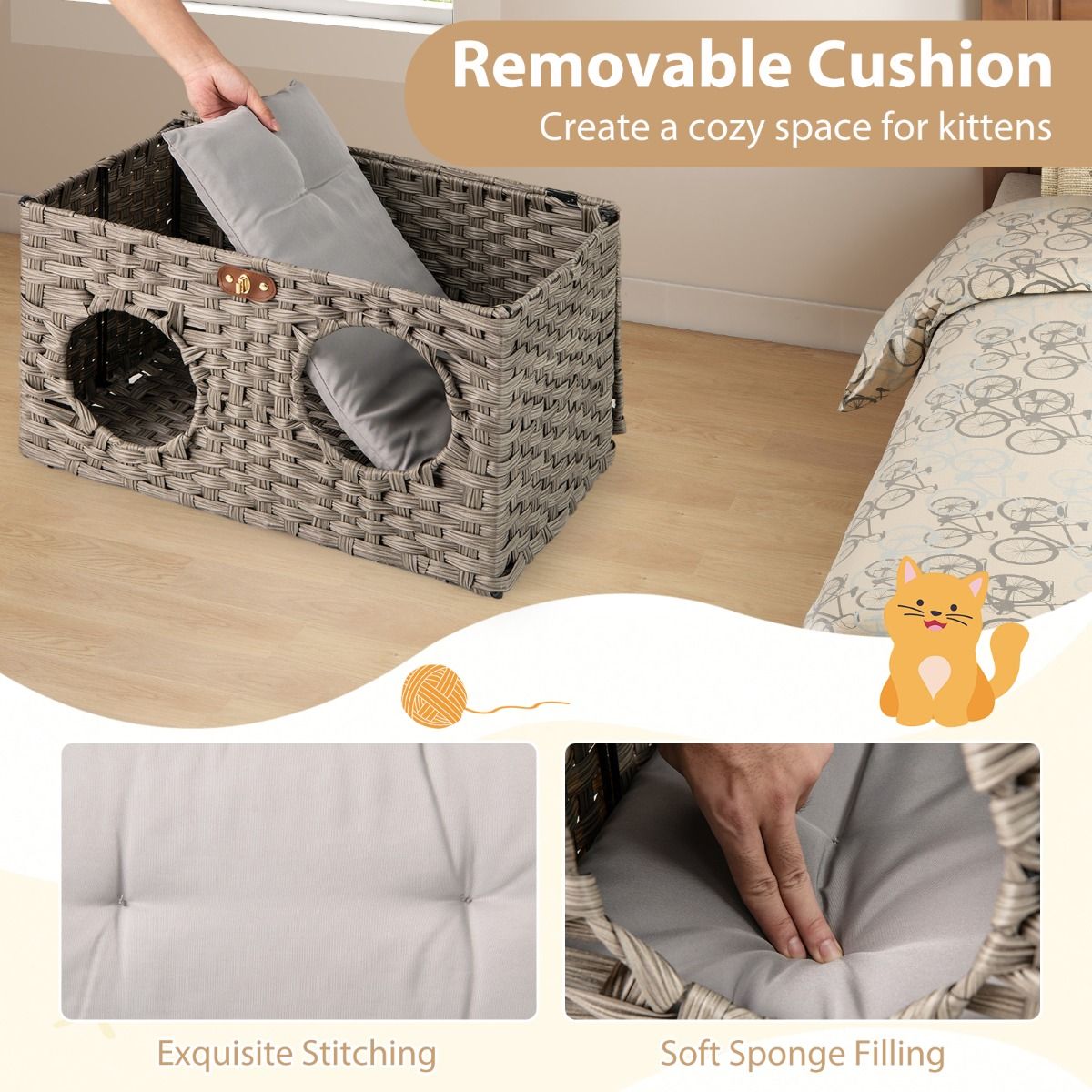 Coast Kattenhuis van riet - opvouwbaar kattenbed - afneembaar kussen - afsluitbaar deksel - 60 x 35 x 35 cm