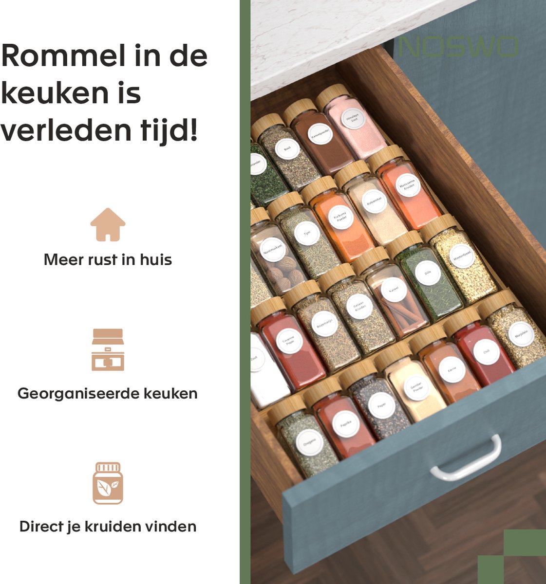 Noswo Kruidenrek Lade - Met 28 Potjes - Complete Set - Vierkant - Strooideksel en Labels - Kruiden Organizer - Keukenlade Organiser - Bamboe