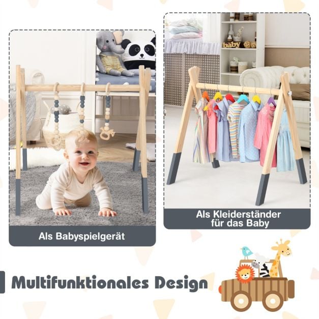 Coast Houten Babygym – 3 Hangspeeltjes – 60 x 44 x 60 cm – Groen, Grijs en Roze
