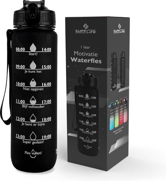 Supplife Motivatie Waterfles 1 Liter met Nederlandse Tekst - Drinkfles met Rietje - Waterfles met Tijdmarkeringen - Zwart