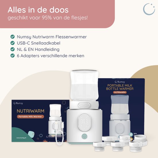 Numsy Draagbare Flessenwarmer Onderweg - Draadloos - Incl 6 Adapters - 4 Temperatuurniveaus
