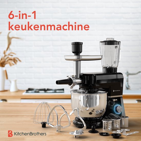 KitchenBrothers Keukenrobot - 6-in-1 Keukenrobot - 1500W - Met Gehaktmolen, Blender en 15 Accessoires - 6,2L RVS Kom - Zwart