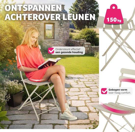 tectake® - Inklapbare bistroset voor 2 personen met stalen frame, tafel en tuinstoelen - Voor balkon en terras - Buitenset - Tuinset - Klaptafel en klapstoelen - elegant design - creme