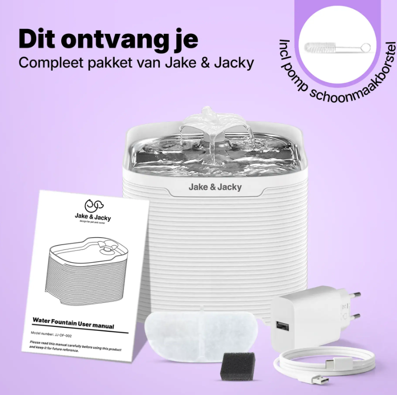 Jake & Jacky Drinkfontein RVS - Wit - 23x17x14,2 cm - 2,5L - Fluisterstil - Op Stroom