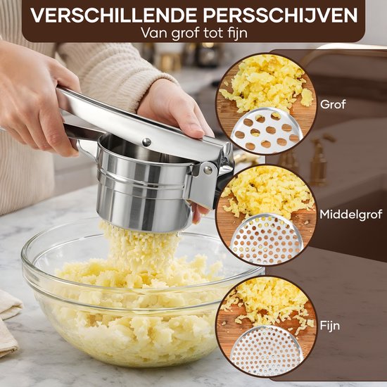 Qualisce Aardappelpers - Pureeknijper - Pureestamper - 3 Schijvige Aardappelpers - Pureerder - Inclusief multifunctionele Schiller