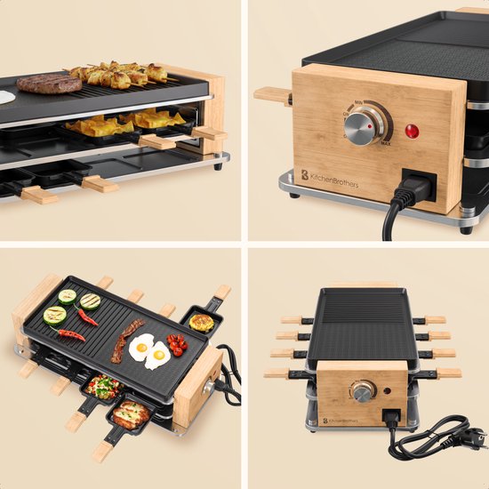 KitchenBrothers Gourmetstel - 950W - Gourmetplaat 8 Personen - Set met Pannetjes en Spatels - 46,5 x 23 cm - Hout/Zwart