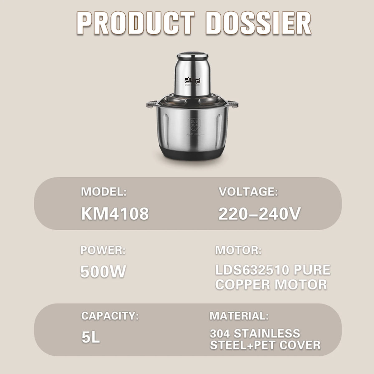 DSP Keukenhakmolen KM4108 - 5 Liter - 500 W - 304 RVS Kom - Vijfbladig Mes - 2 Snelheden - Koperen Motor