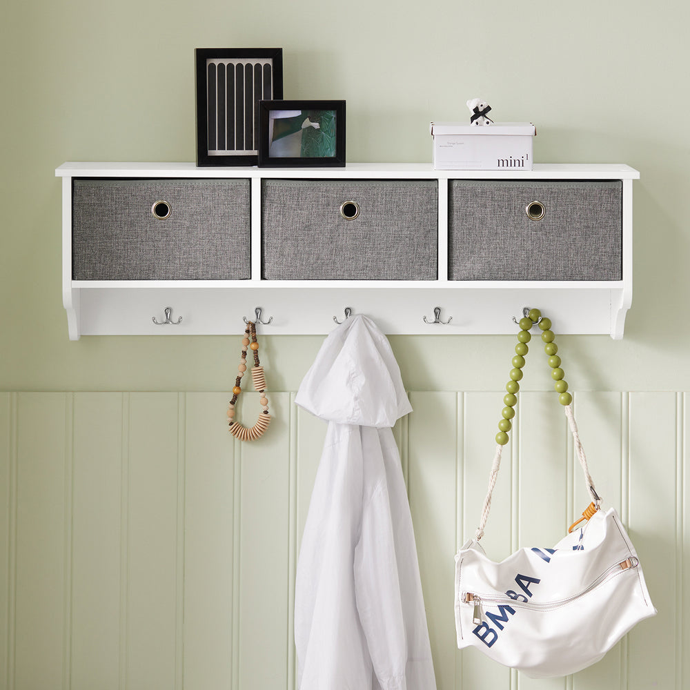 SoBuy FRG282-W Kapstok Met Wandplank - 3 Linnen Mandjes - Wit - 100x20x30 cm - Hout