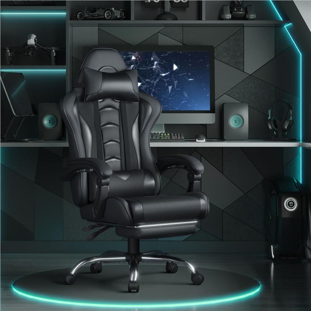 Yaheetech gamingstoel met massage en voetensteun - zwart