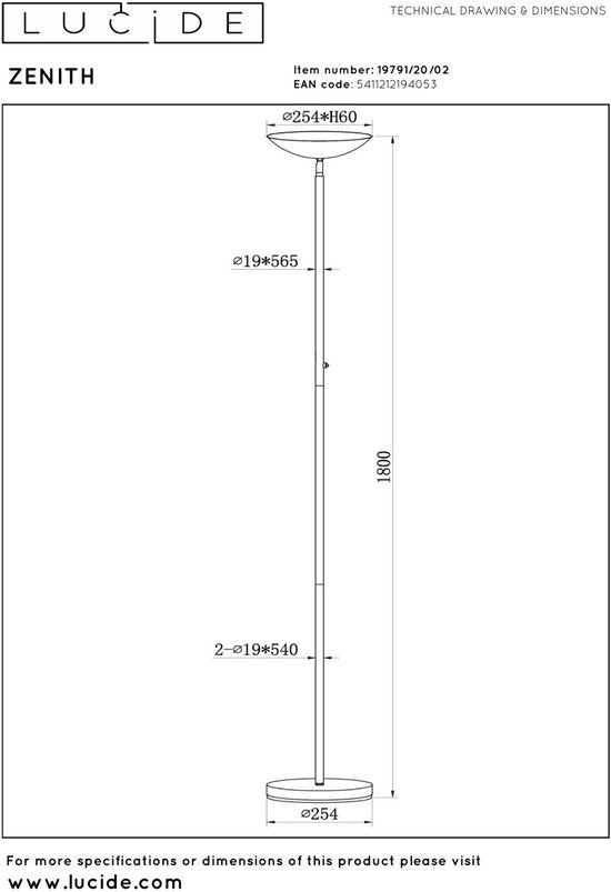 Lucide ZENITH - Vloerlamp - Ø 25,4 cm - LED Dimbaar - 1x20W 3000K - Mat Goud / Messing