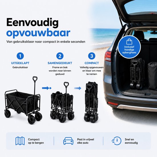Bolderkar Opvouwbaar - Inklapbare Bolderwagen 150 kg - Handkar Booschappen - Strandkar - Bolderkar Kinderenvervoer - Beachwagon - Bolderwagen Kinderen - Handcart - Tuinkar - Strand & Festival Trolley - Bolderkarren - Transportkar - Zwart - Silvergear