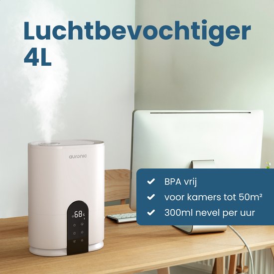 Auronic Luchtbevochtiger - 4 Liter - 40m2 - Geschikt voor Woonkamer, Kantoor, Slaapkamer, Babykamer en Meer - Met Aromatherapie - BPA-Vrij - Wit