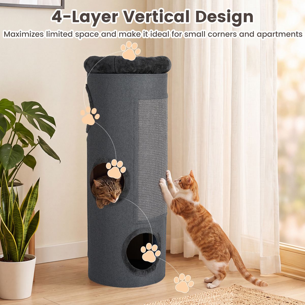 Coast Vierlaags Kattenhuis - tonvormig kattenmeubel - met sisal krabplank en pluchen bed - donkergrijs 43 x 43 x 113 cm