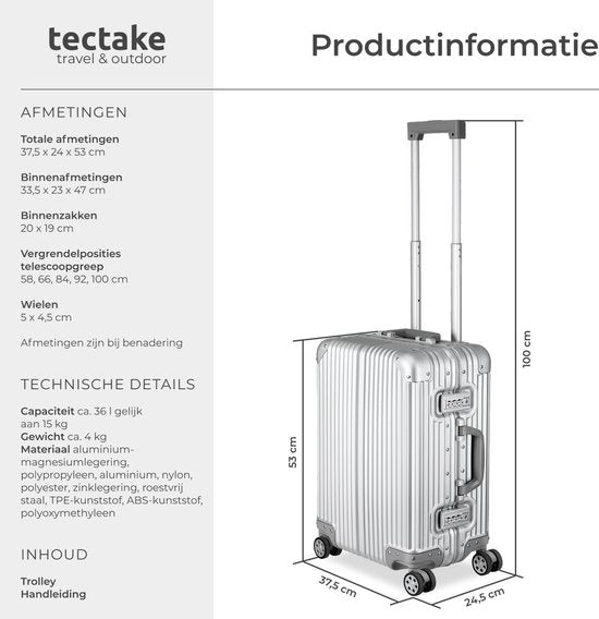 tectake® Aluminium Handbagage Koffer - 36 Liter - Dubbel TSA Cijferslot 3 Cijferig - 53 cm - Carry on Trolley - Reiskoffer met Wielen