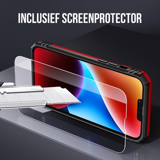 Podec Hoesje geschikt voor iPhone 14 Rood Telefoonhoesje - Anti-Shock Case Cover Hybrid Armor Hoes met Kickstand Ring met Screenprotector