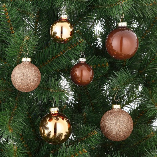 Mica Decorations Kerstballenset van Glas - Kerstballen met Glans en Glitter - Kerstversiering voor de Kerstboom - Piek voor de Boomtop - Set van 42 Stuks - Ø7 cm - Bruin