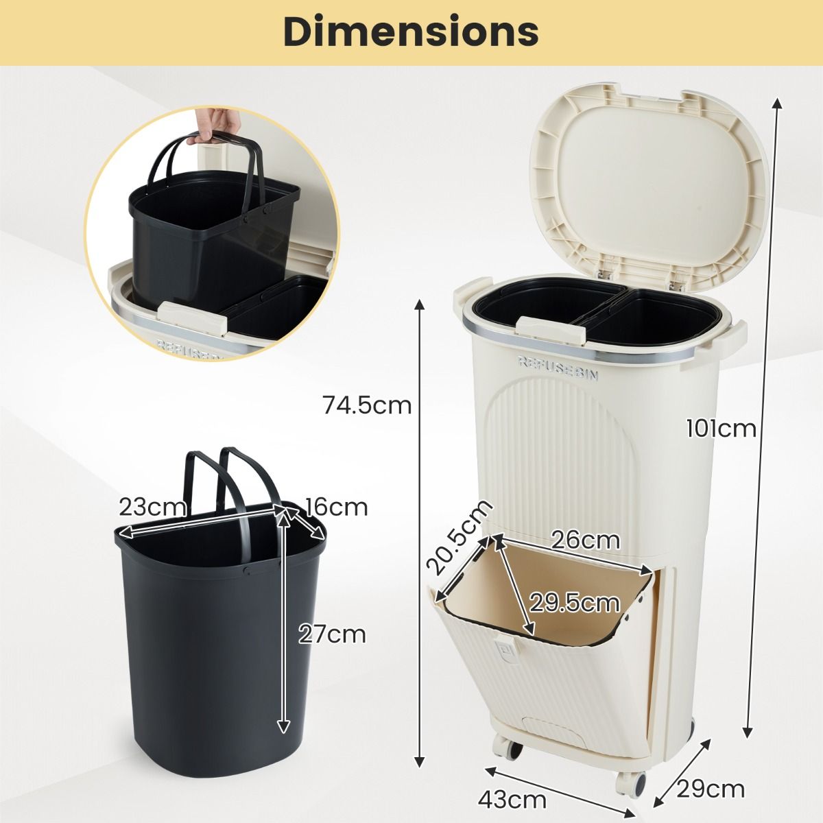 Coast Afvalscheidingsprullenbak op Wielen - 3 Compartimenten - Pedaal en Drukknop - Beige - 38 Liter