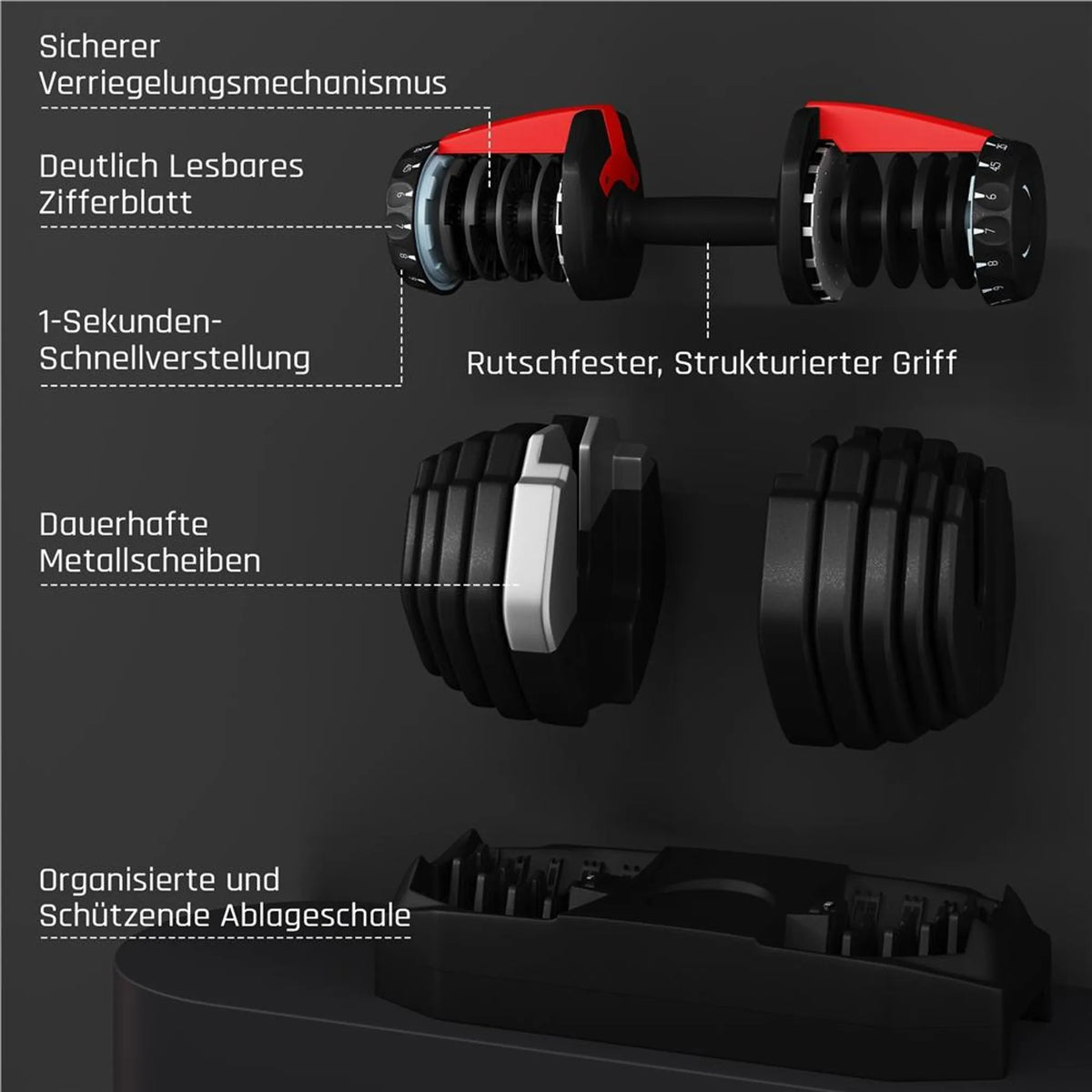 Yaheetech Verstelbare Dumbbellset 2,5-24 kg - 15-in-1 Snelinstelling - Zwart/Rood - 42x21,5x22 cm