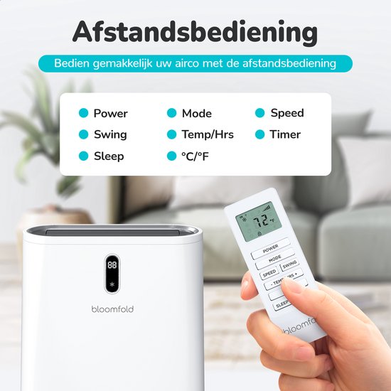 Bloomfold Mobiele Airco - 12.000 BTU - 4-in-1 - Airconditioning met Raamafdichtingskits - Slaapkamer - Woonkamer - tot 35m² koelen