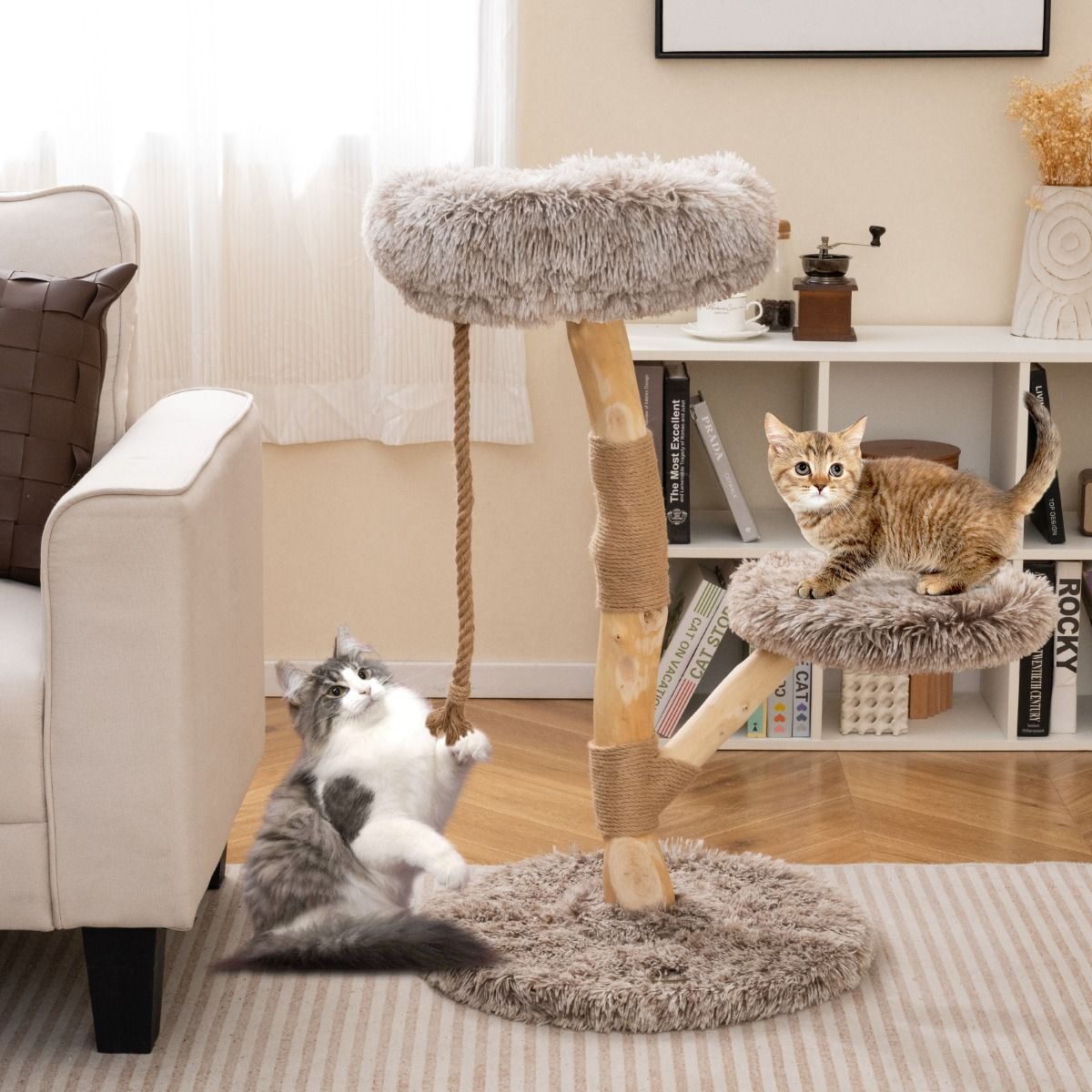 Coast Krabpaal voor Katten - 3 verdiepingen - perenhout en jute - lichtgrijs en beige - 90 cm