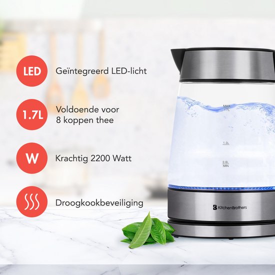 KitchenBrothers Waterkoker - Glas - Elektrisch - PFAS- & BPA-vrij - 1,7L - Retro - met LED - 2200W - Glazen Waterkoker - RVS