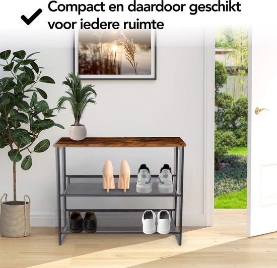 Brixy Schoenenrek - Industrieel - Hout - Metaal - 64x30x52cm - Vintage - Schoenenkast - Bruin/Zwart