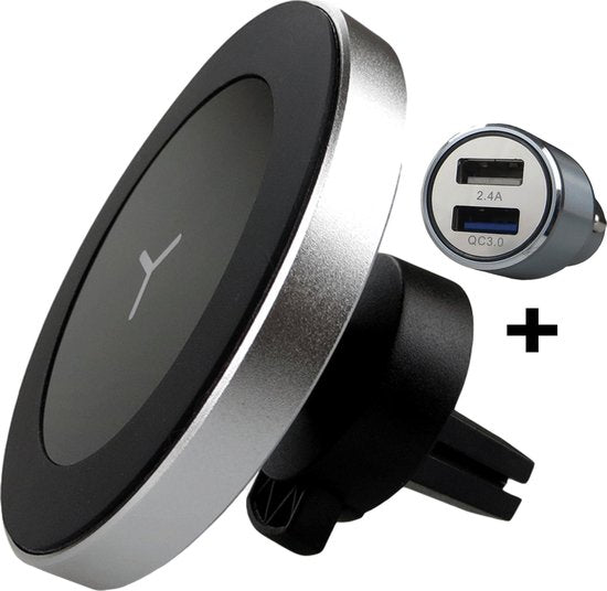 iSetchi Telefoonhouder Auto Met Draadloze Oplader (15W Snellader Zilver) - Autolader inclusief 12V Quick Charge Oplader - Magnetisch