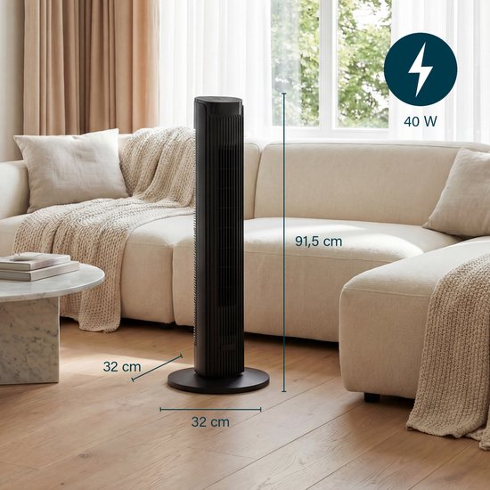 Princess DC Torenventilator 91cm– Extra Stil - 12 snelheden – 4 windmodi – 90° oscillatie – Timer 1-24uur – Met Afstandsbediening – Zwart - 352370