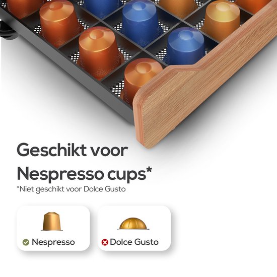 KitchenLove Capsulehouder – Met Lade – 60 Cups – 41,5 x 26,5 x 8 cm – Zwart/Hout