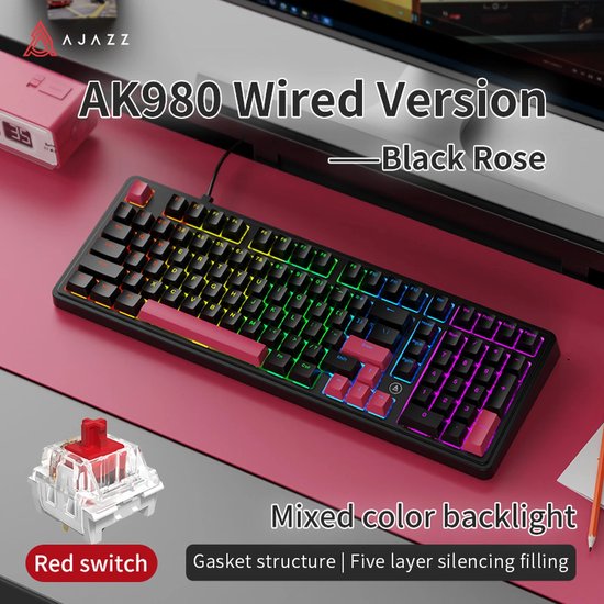 AJAZZ AK980 Bedraad Mechanisch Gaming Toetsenbord - 98% Layout met Numpad - Gasket Mount - Hot-Swappable - RGB - US QWERTY - Red Switch - Zwart/Roze