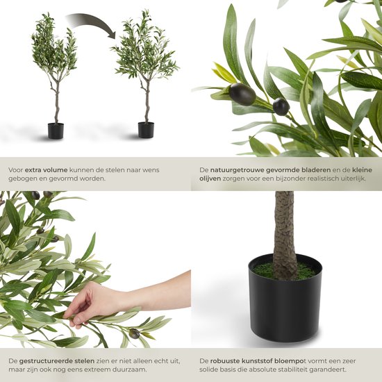 tectake® Kunstmatige Olijfboom Oleand – Mediterrane Kunstplant met Realistische Bladeren en Olijven – Onderhoudsvriendelijk en Veelzijdig – Inclusief Stevige Bloempot – Hoogte: 120 cm