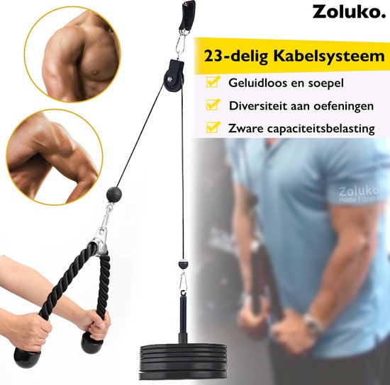 Zoluko Home Fitness Kabelsysteem 23-delige set - Incl. E-book - Krachtstation voor Thuis Sporten - Incl. Triceps Touw, Biceps Stang en Handgrepen - 100kg Draagkracht - Eenvoudige Bevestiging - Krachttraining - Lat Pulley - Home Gym - Zwart/Zilver