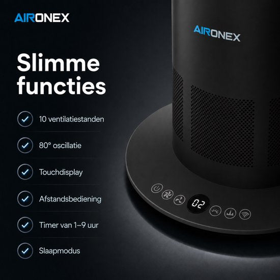 Aironex Bladloze Ventilator Zwart - Energiezuinige Luchtkoeler - Aircooler met Draaifunctie - Verwarming en Verkoeling in 1 -Ventilatoren - TafelVentilator -Vloerventilator