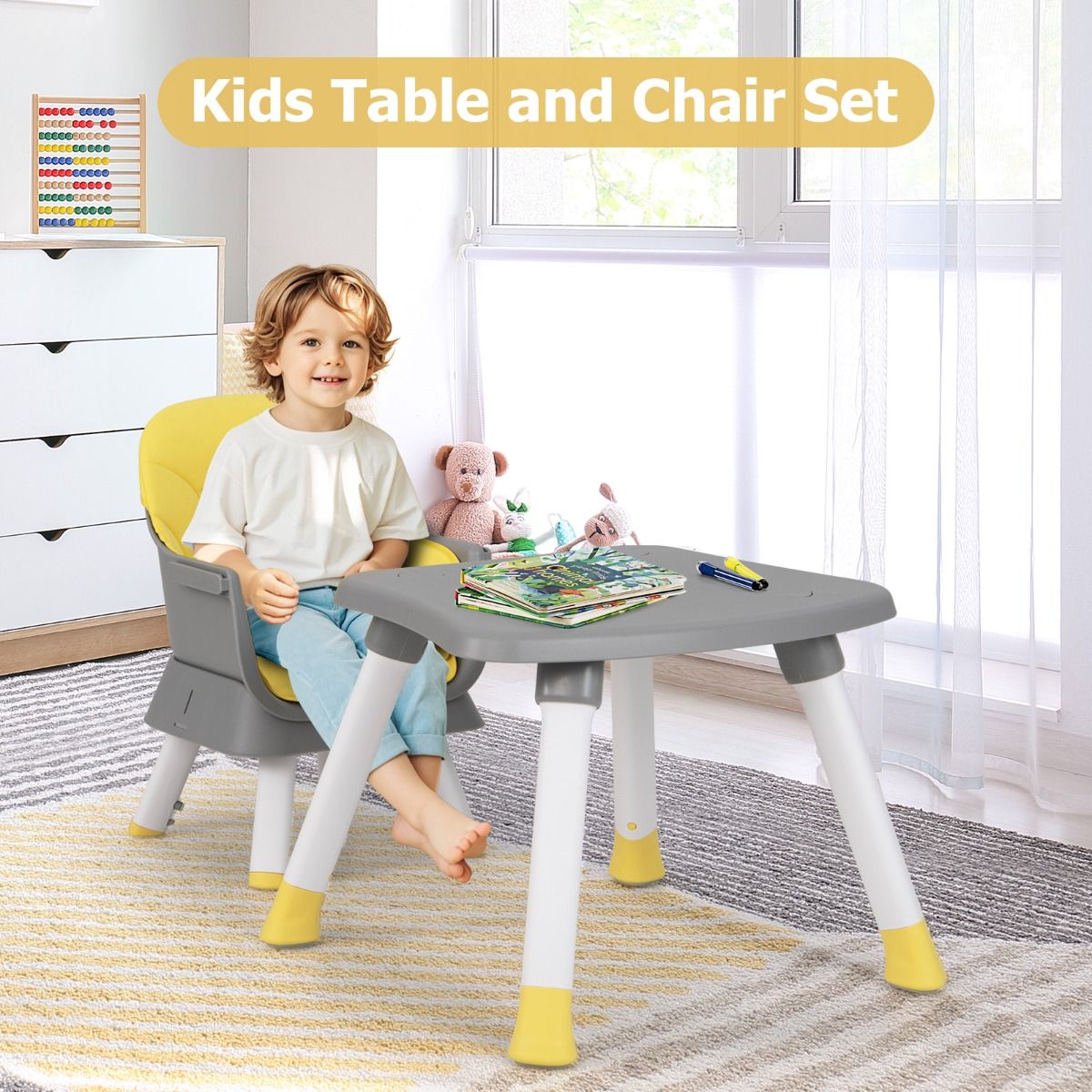 Coast Kinderstoel 6-in-1 - stoelverhoger en bouwsteentafel - met 5-puntsgordel en kussen - lichtgrijs