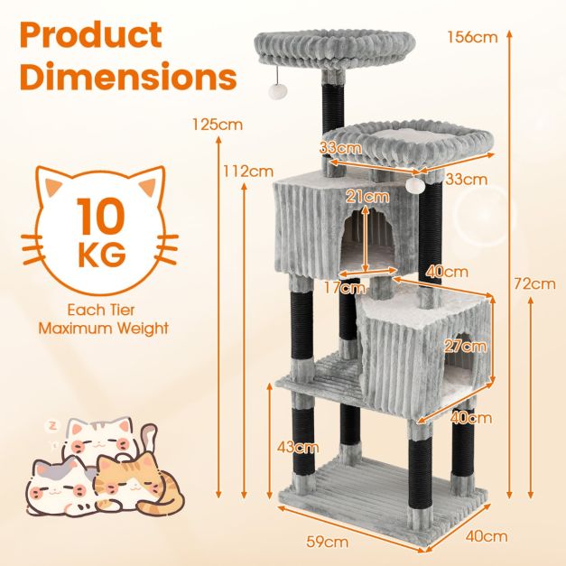 Costway krabpaal - 2 kattenhuisjes en 2 ligbedden - 59 x 40 x 156 cm - Lichtgrijs