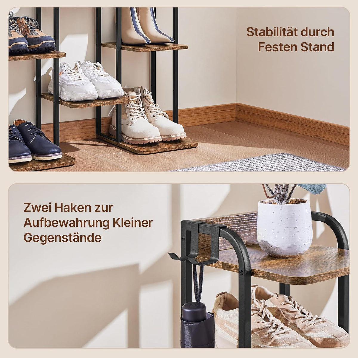 Yaheetech Smal Schoenenrek met 10 Etages - 26,5 x 30 x 162 cm - Met Haakjes - Vintage Hout en Metaal - Rustiek Bruin